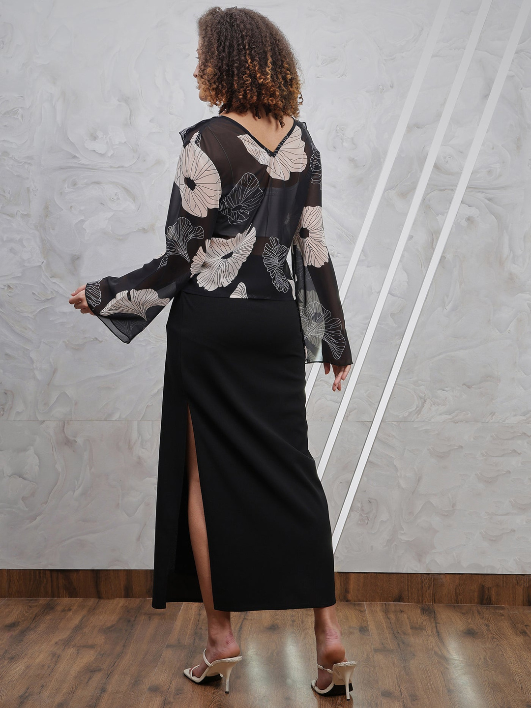 Athena Black Floral Printed V-Neck Ruffles Chiffon Styled Back Top
