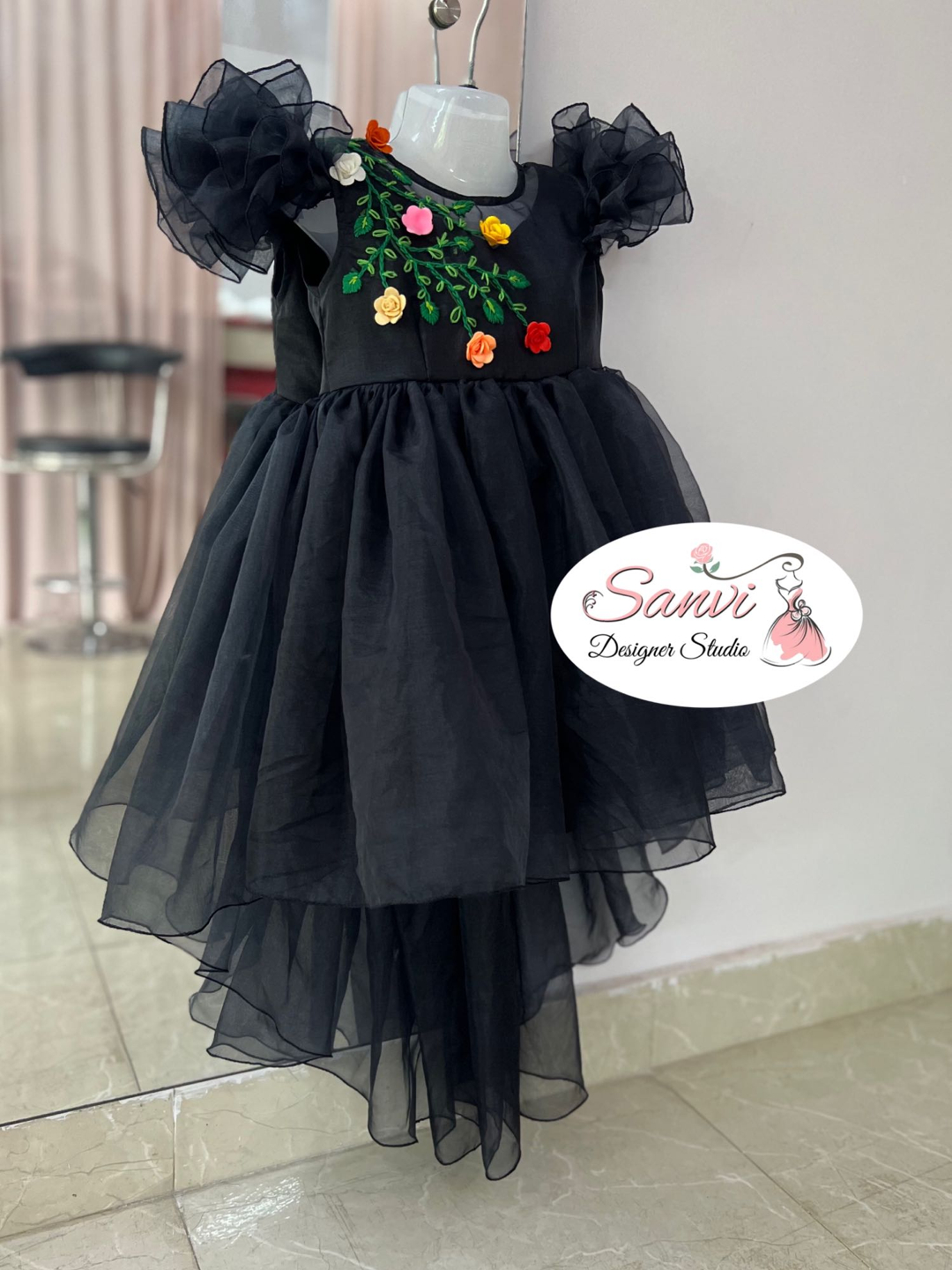 Black Organza kids Frock with hand embroidery