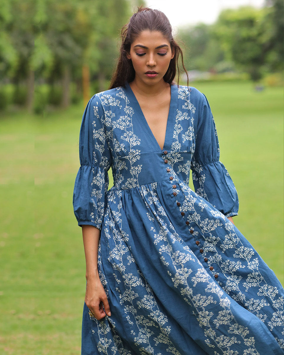 BLUE FLORAL BLOCK PRINTED FRONT SLIT COTTON DRESS-MON