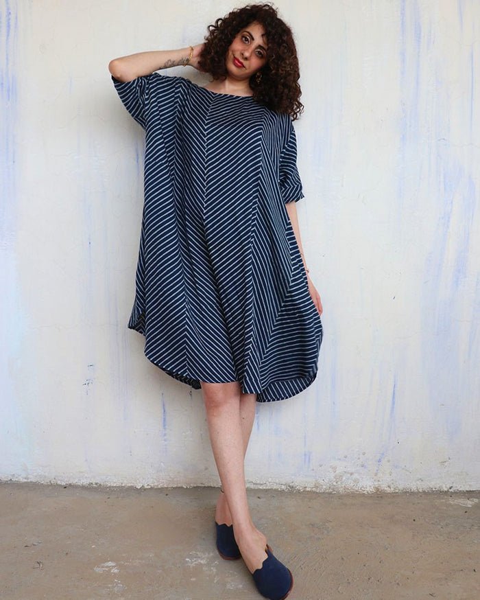 BLUE ZIGZAG BLOCKPRINTED COTTON FREESIZE DRESS