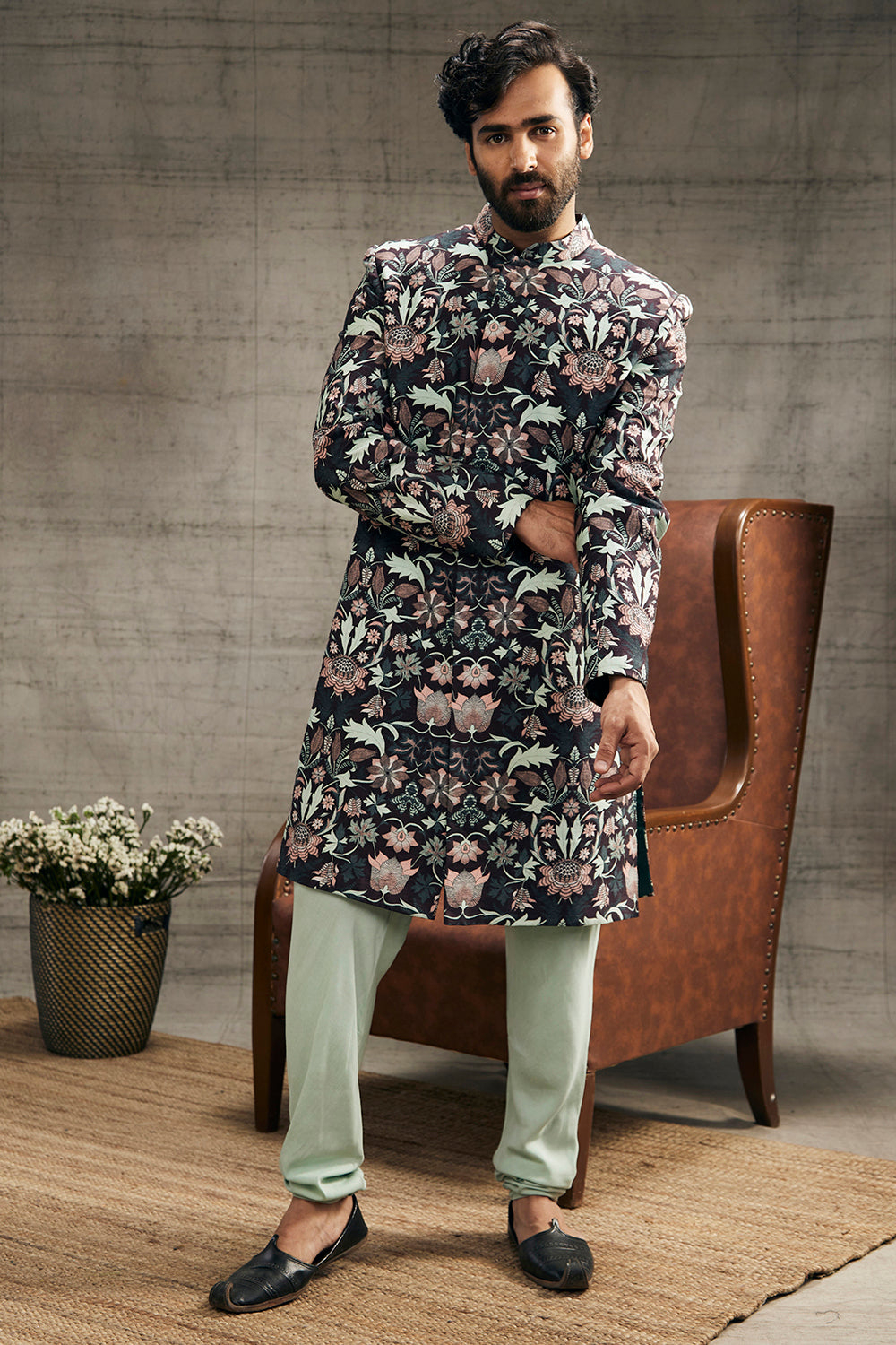 PASTEL FLORAL PRINTED SHERWANI SET