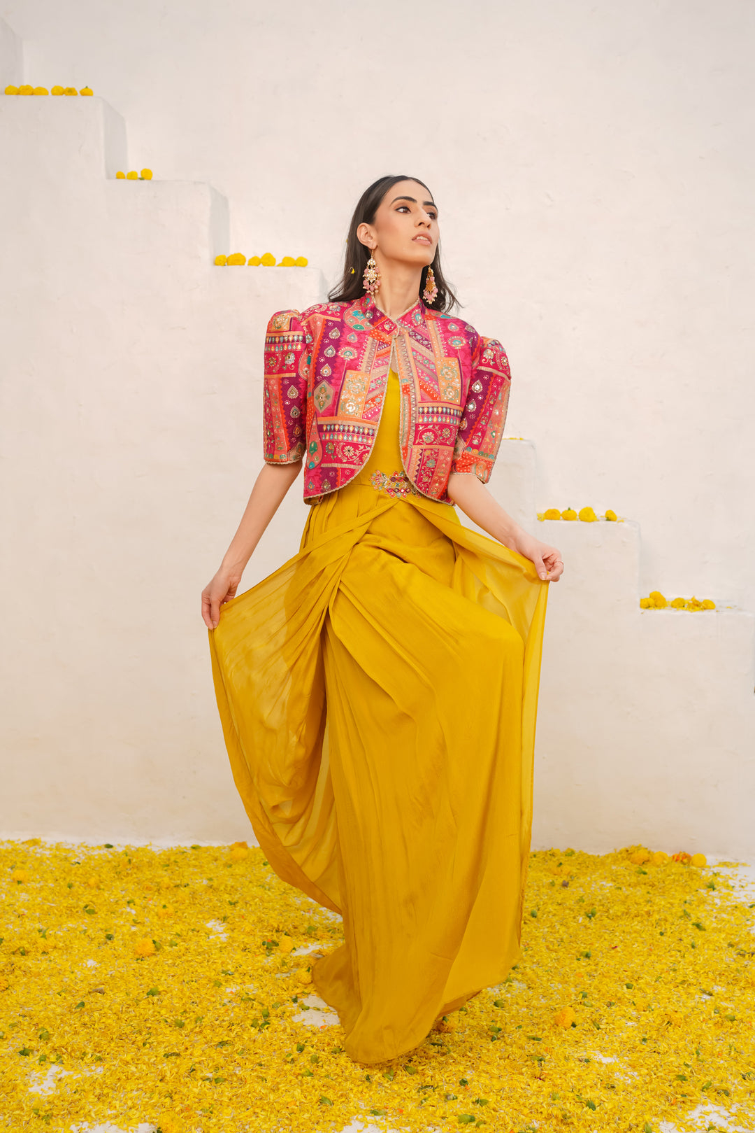 FUSED GLIMMER FLOOR LENGTH DRESS WITH BROCADE JACKET