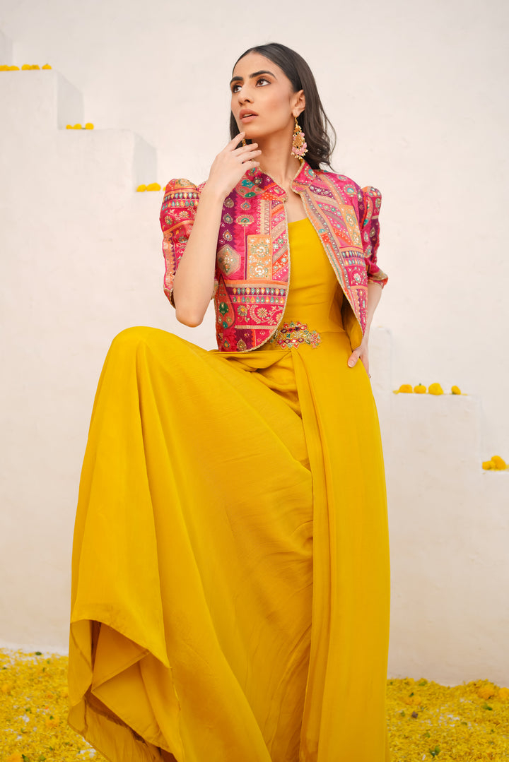 FUSED GLIMMER FLOOR LENGTH DRESS WITH BROCADE JACKET