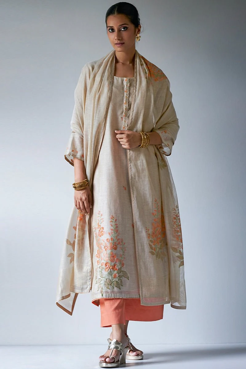 eige Woven Kurta Suit Set With Delicate Hand Work Detailing and Embroidery Placket
