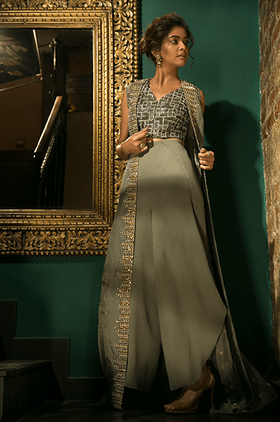 OLIVE GREEN CROP TOP CAPE TULIP PANTS AND CAPE