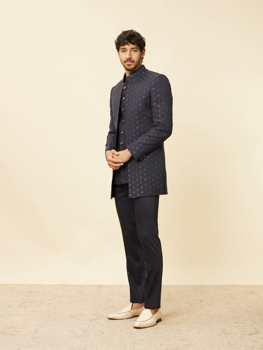 Dazzling Dark Blue Indo-Western Jacket Set