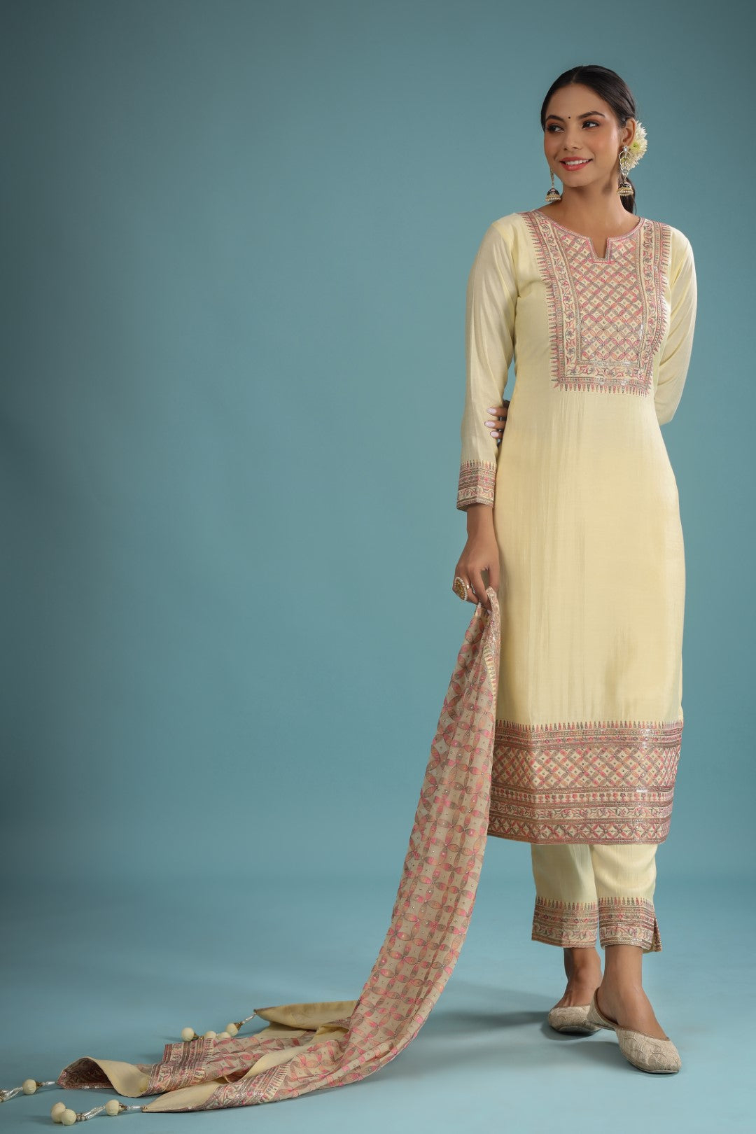 YELLOW CHANDERI RESHAM ZARI EMBROIDERED SUIT SET