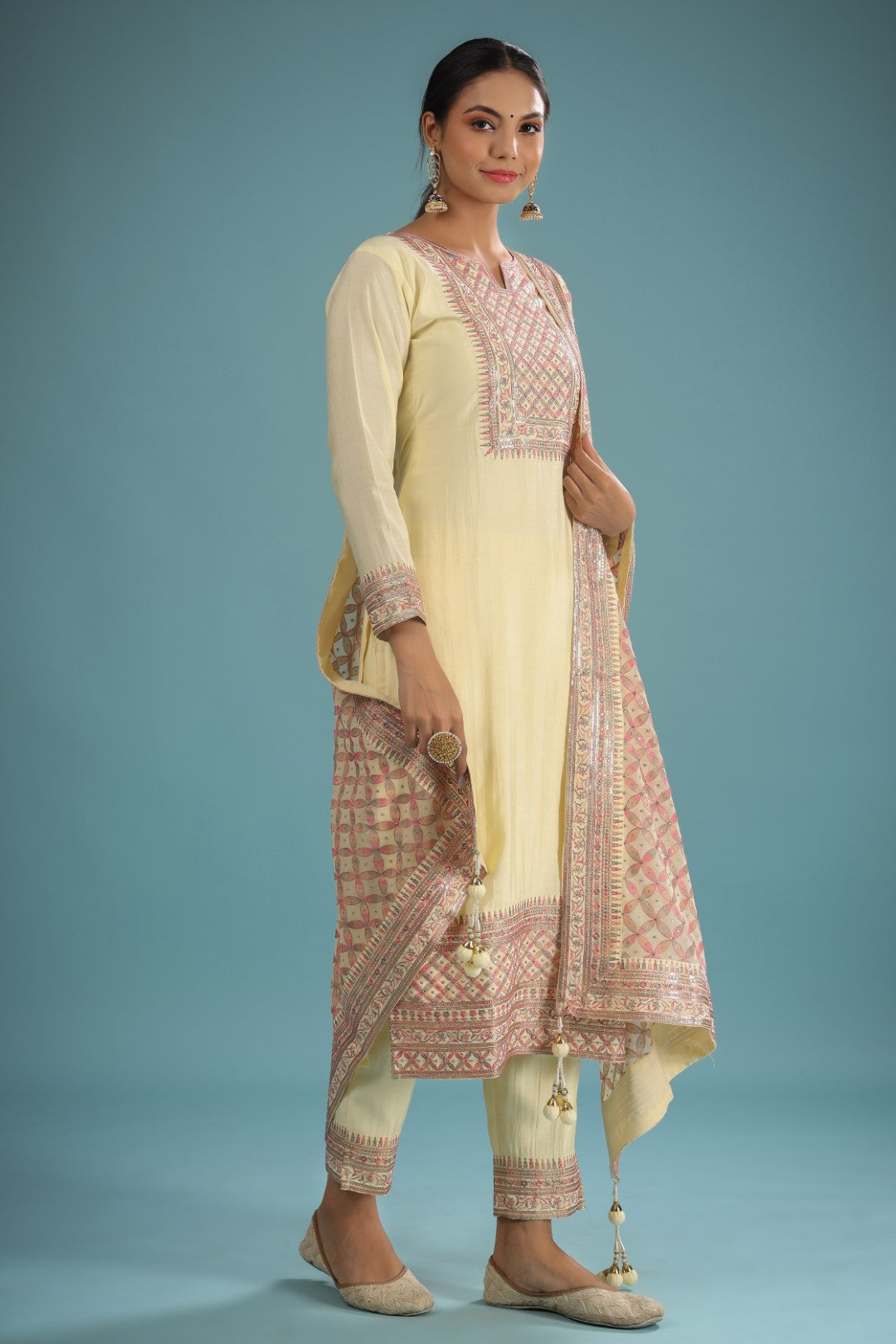 YELLOW CHANDERI RESHAM ZARI EMBROIDERED SUIT SET