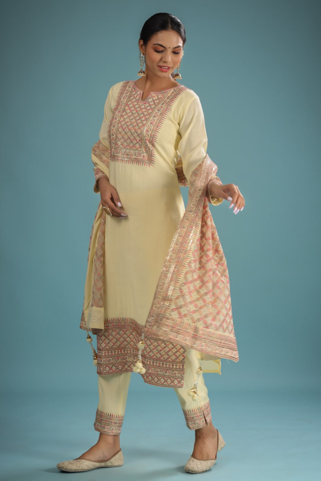YELLOW CHANDERI RESHAM ZARI EMBROIDERED SUIT SET