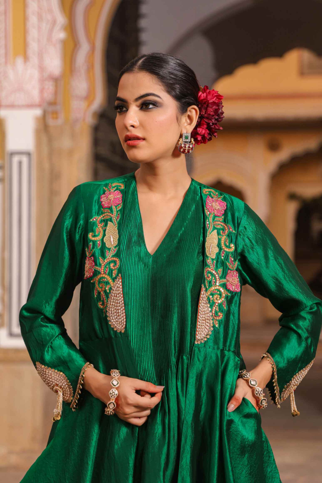 Green Cheent Embroidery Solid Jacket Kurta Set