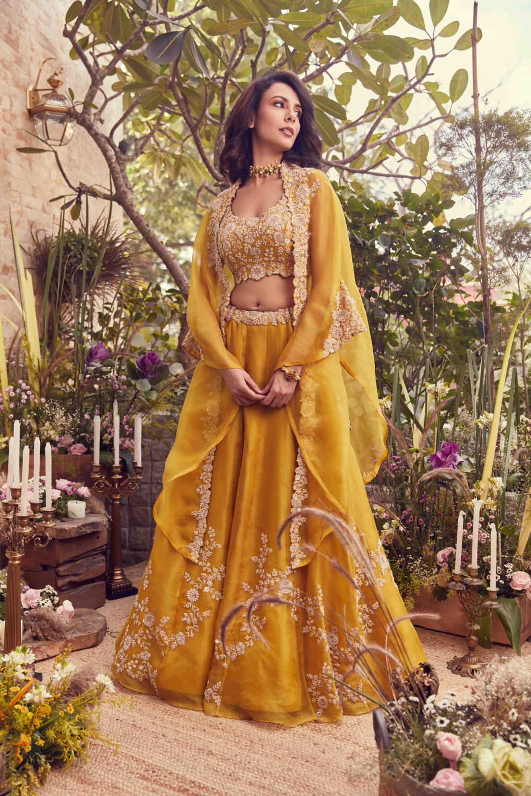 Ochere silk blouse with organza cape and skirt