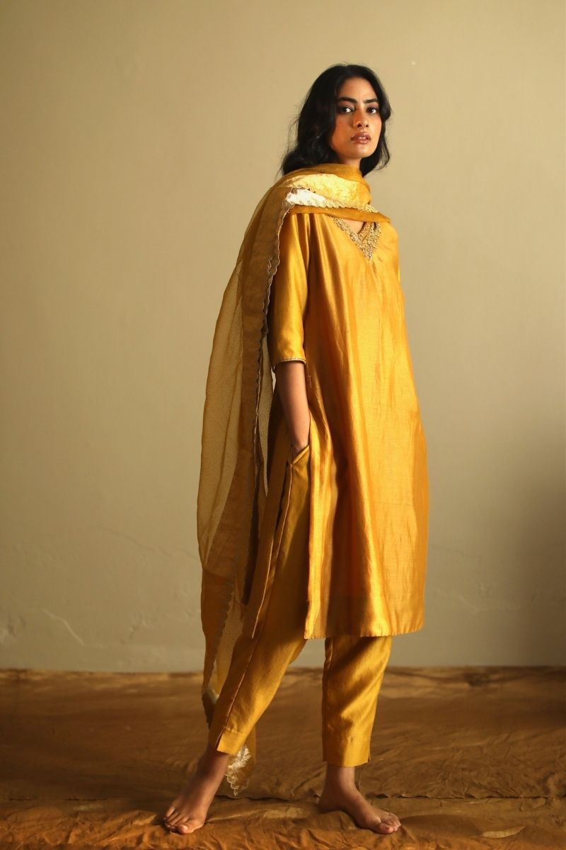 Noor Kurta In Ochre Chanderi With Pant - XS - Chanderi - Set of 2
