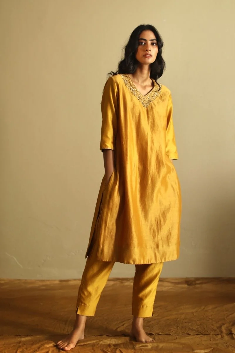 Noor Kurta In Ochre Chanderi With Pant - XS - Chanderi - Set of 2