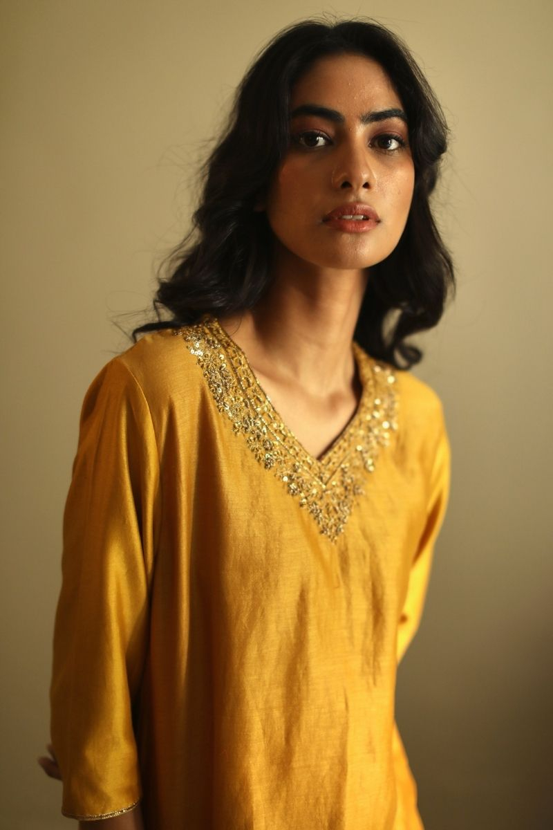 Noor Kurta In Ochre Chanderi With Pant - XS - Chanderi - Set of 2