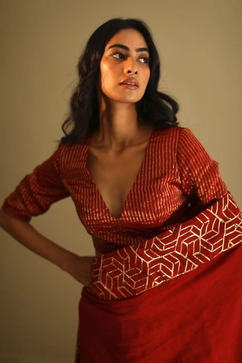 Semi Stitched Nina Blouse In Zari Striped Red Handloom Chanderi - XS - Chanderi