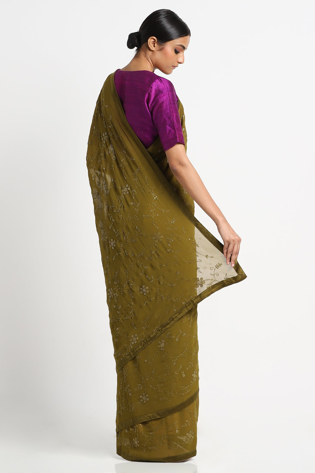 Olive Green Georgette Sequins Saree