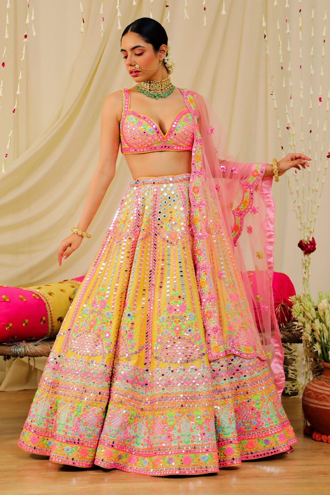 Yellow Dupion Silk Embroidery Mirror Sweetheart Neck Blouse With Lehenga Set