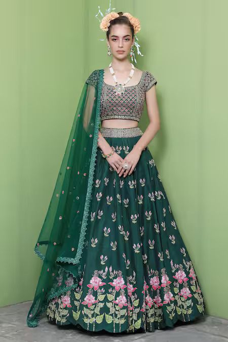 Embroidery Asymmetric Floral Lehenga Set