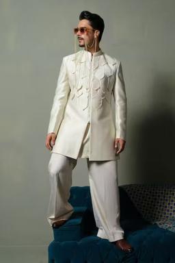 Ivory Silk Piping Dusty Flap Sherwani Set