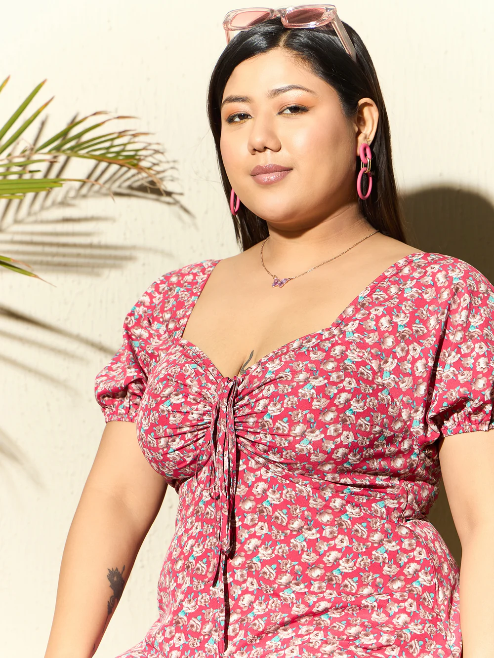 Berrylush Curve Women Red Floral Print Puff Sleeves A-line Mini Dress