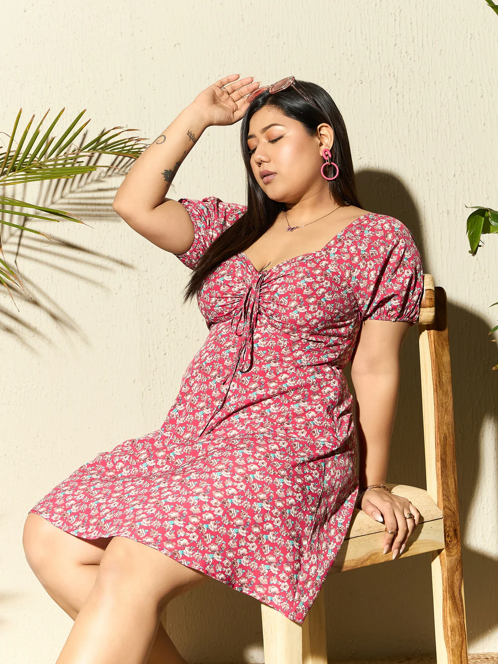 Berrylush Curve Women Red Floral Print Puff Sleeves A-line Mini Dress