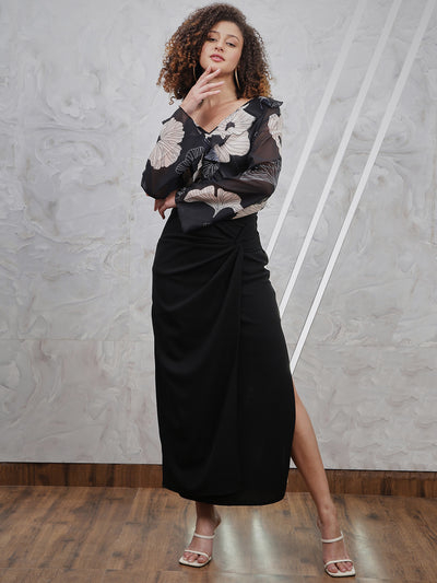 Athena Black Floral Printed V-Neck Ruffles Chiffon Styled Back Top