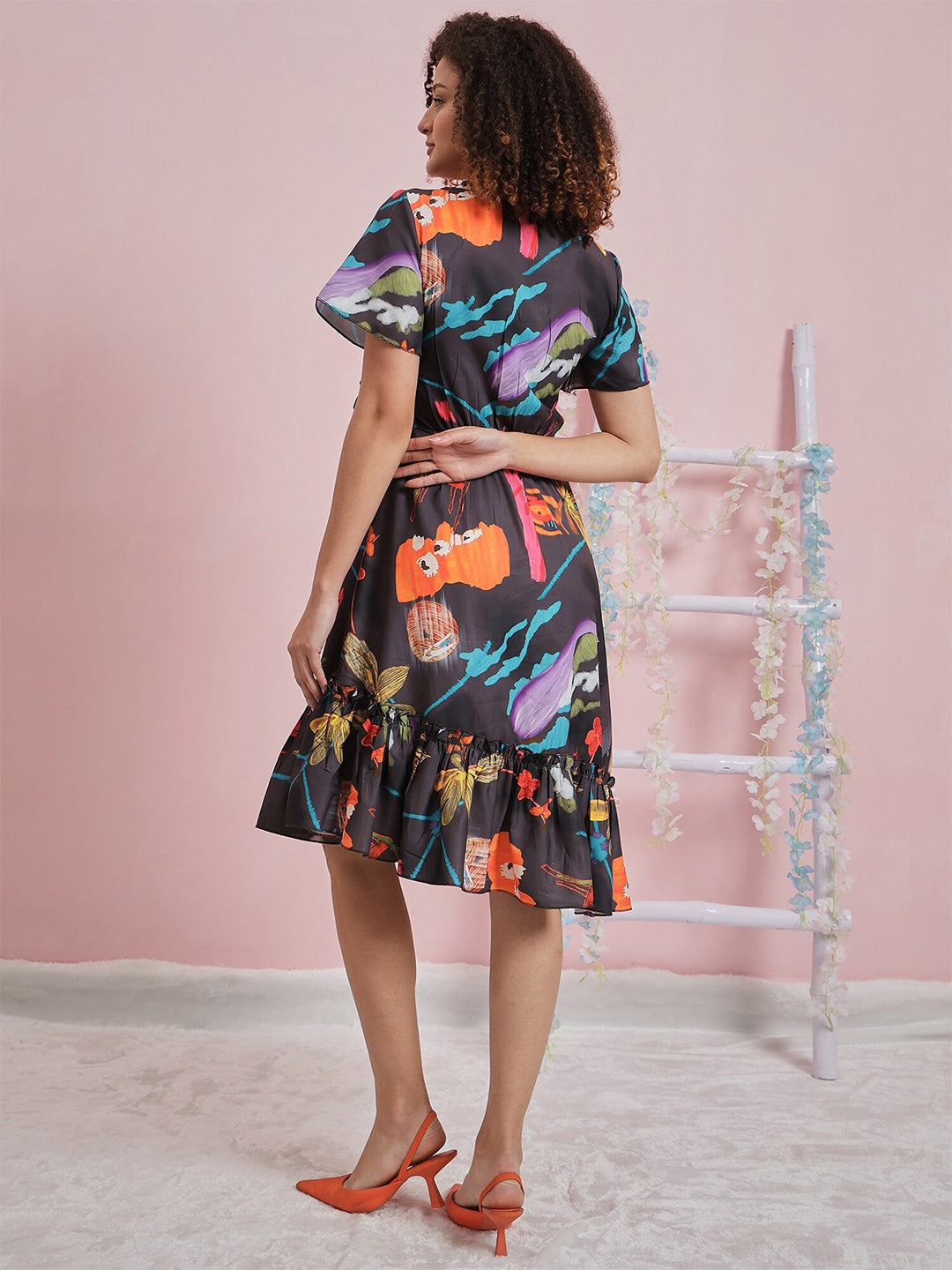 Athena Floral Printed Flutter Sleeve Ruffled A-Line Midi Dress