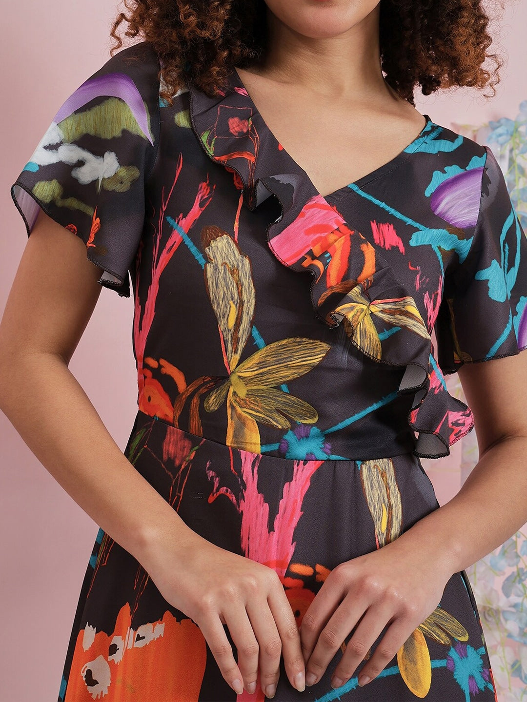 Athena Floral Printed Flutter Sleeve Ruffled A-Line Midi Dress