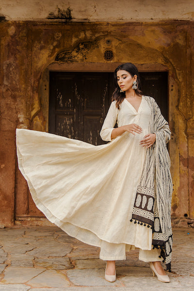 Maya Chikan Anarkali Set with Cotton Bagru Print Dupatta