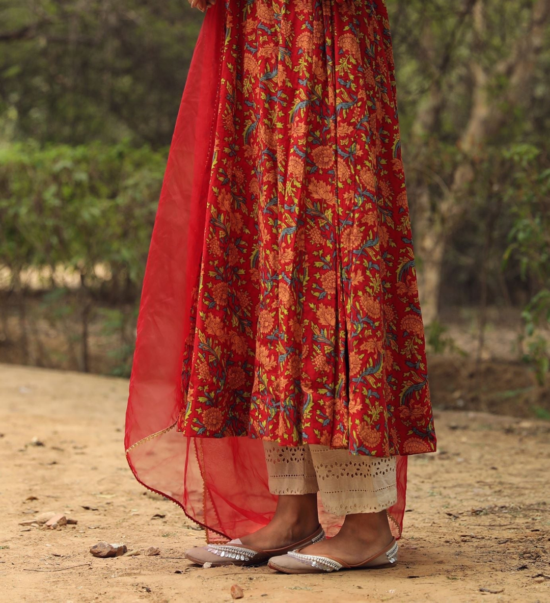 Sufi Red Cotton Anarkali Set with Organza Dupatta