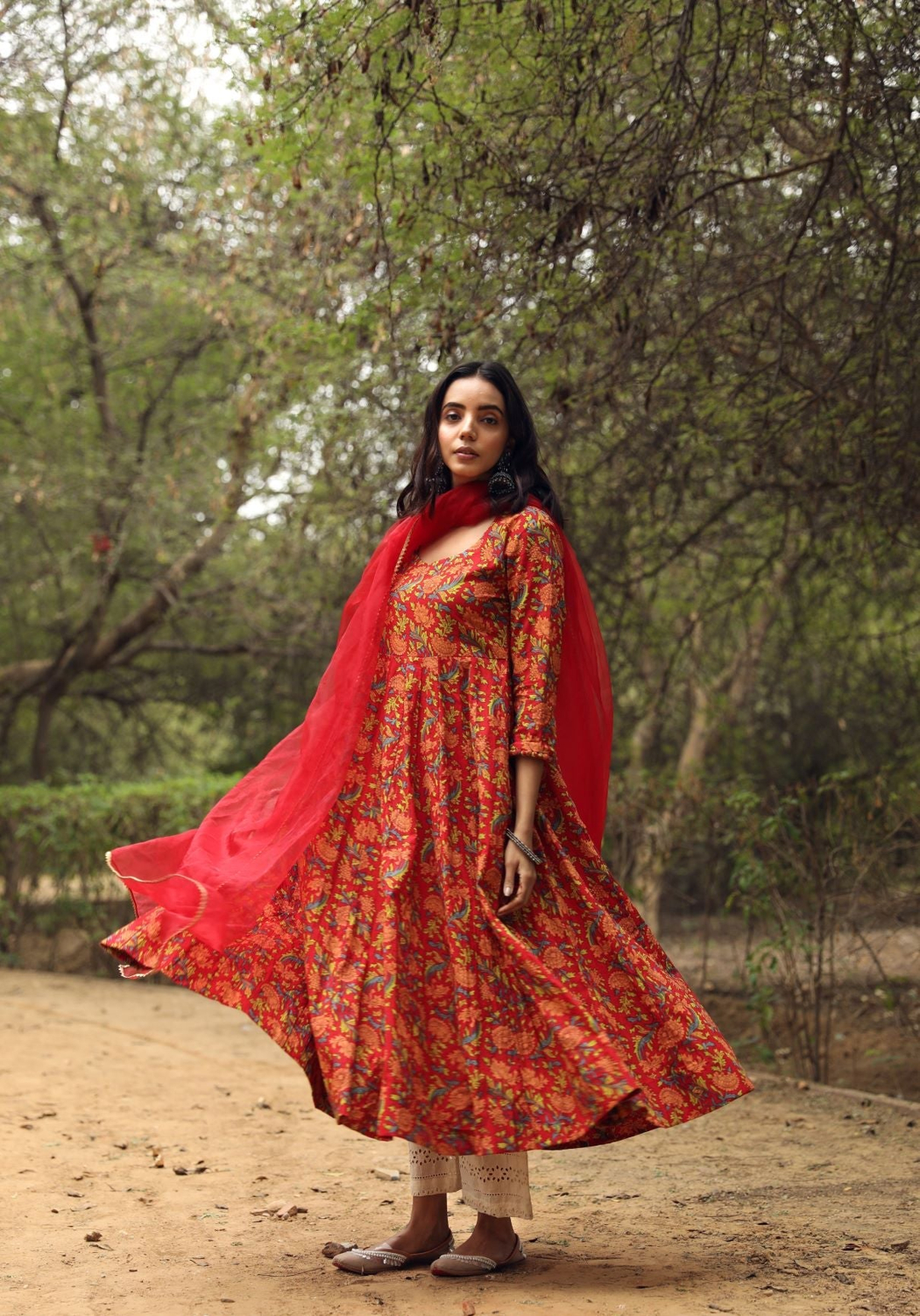 Sufi Red Cotton Anarkali Set with Organza Dupatta