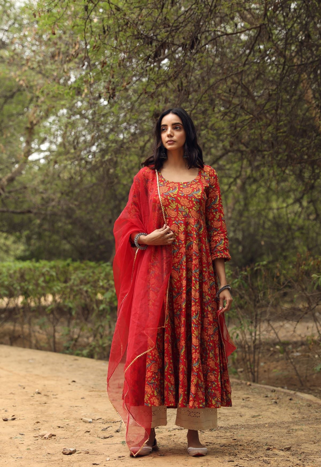 Sufi Red Cotton Anarkali Set with Organza Dupatta