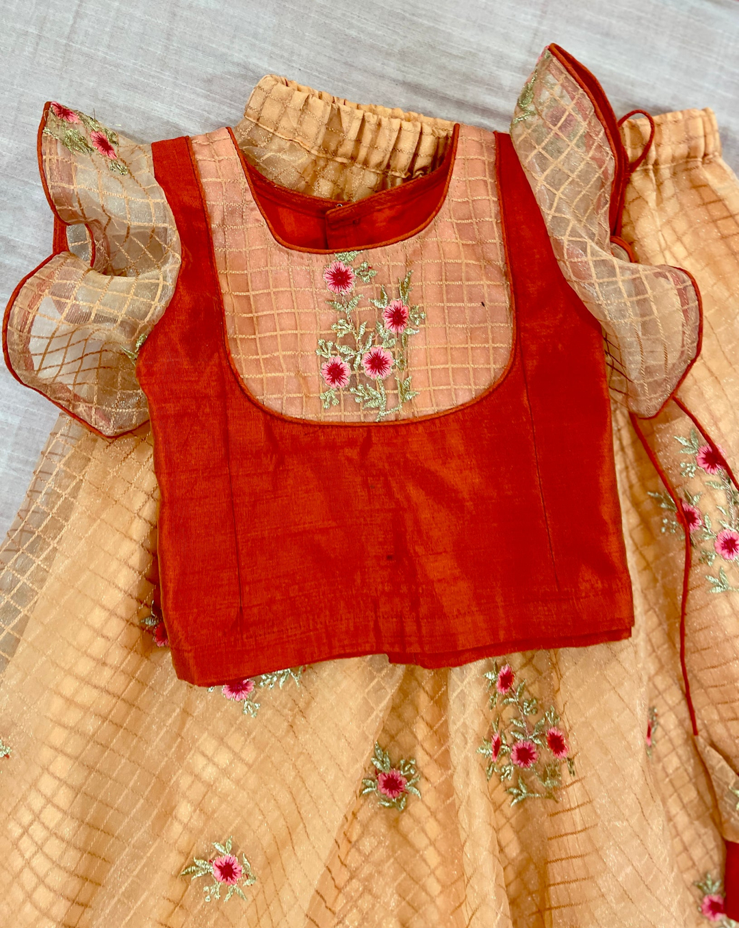 Girls Peach & Red Lehenga Choli