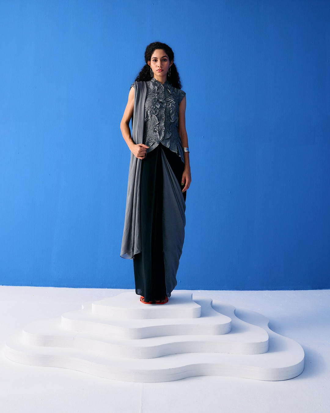 Grey Crinkled Top paired with Black & Grey saree