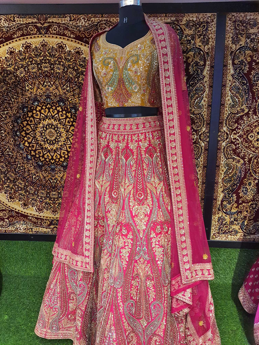 Dark red and Mehandi green colour Lehanga