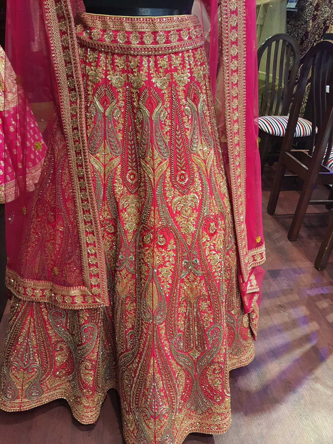Dark red and Mehandi green colour Lehanga