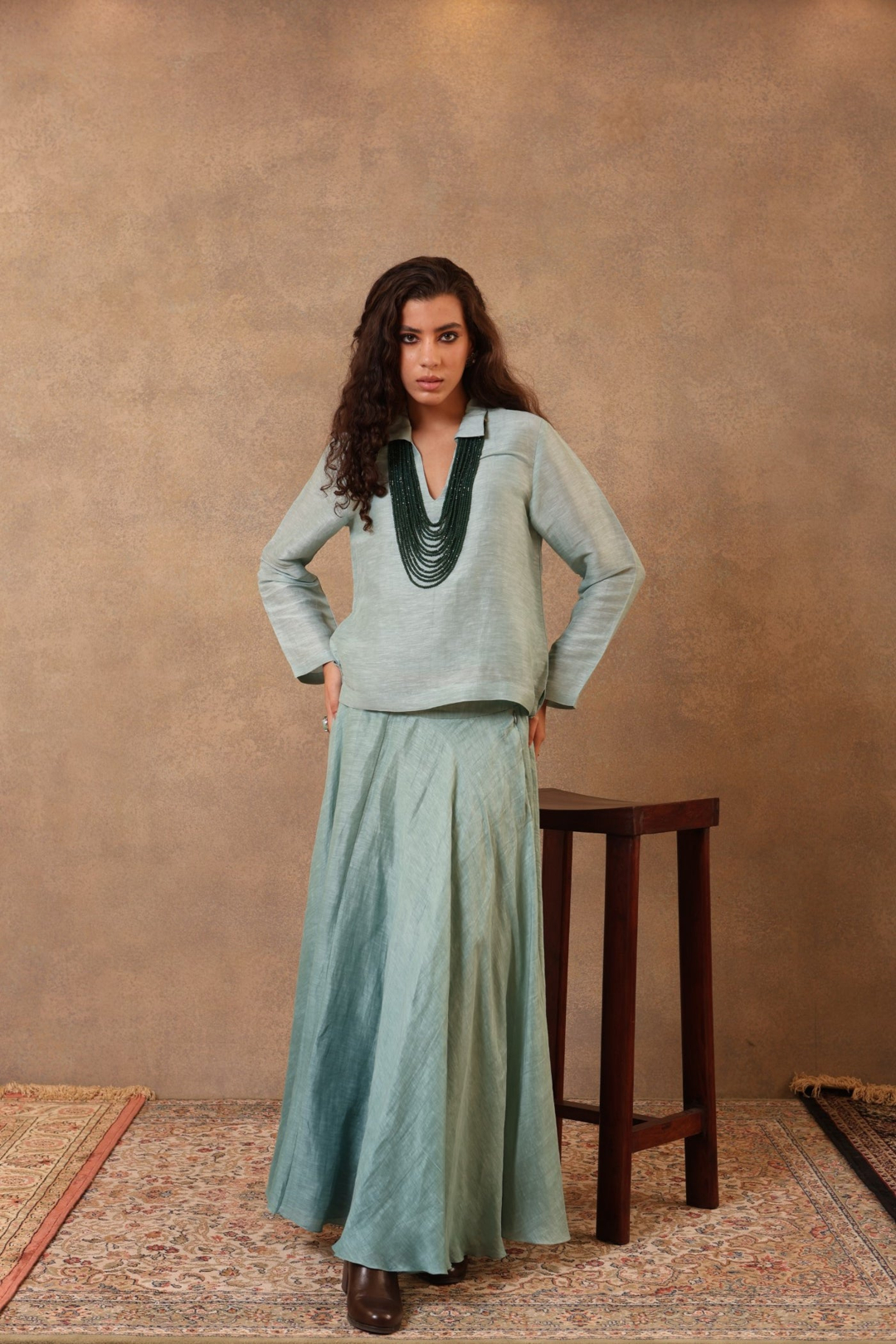 Aqua-Sea Blue Pure Linen-Silk Flared Skirt with collared top