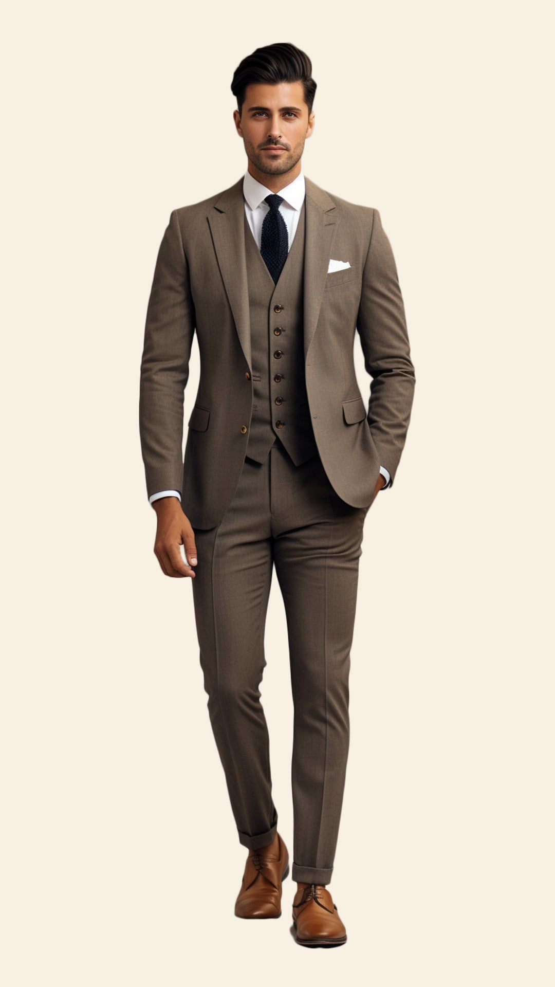 Custom Men's Three-Piece Brown Suit in Light Dijon Shade