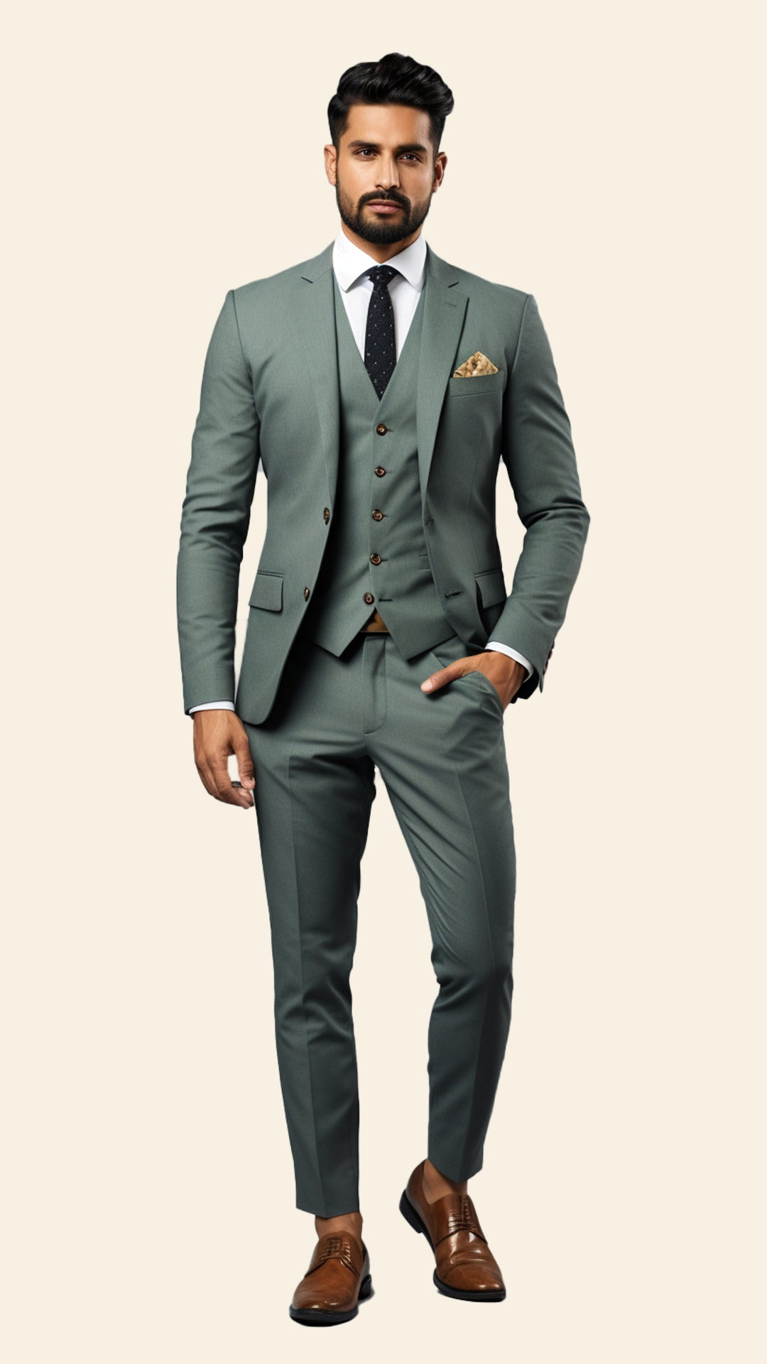 Custom Men's Three-Piece Grey Suit in Light Slate Greenish Shade